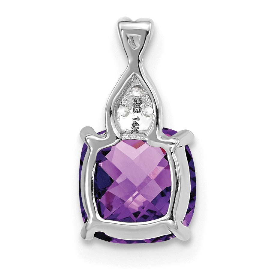 14k White Gold 7mm Cushion Checkerboard February/Amethyst and Diamond Pendant