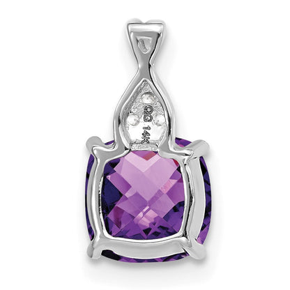 14k White Gold 7mm Cushion Checkerboard February/Amethyst and Diamond Pendant
