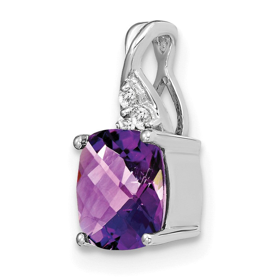 14k White Gold 7mm Cushion Checkerboard February/Amethyst and Diamond Pendant