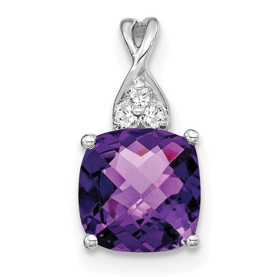 14k White Gold 7mm Cushion Checkerboard February/Amethyst and Diamond Pendant