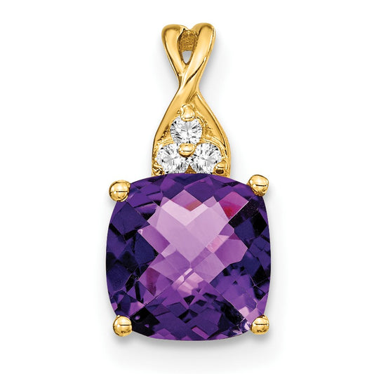 14k 7mm Cushion Checkerboard February/Amethyst and Diamond Pendant