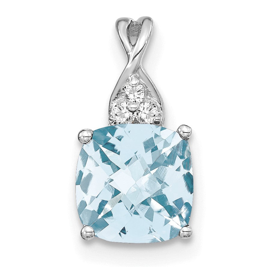 14k White Gold 7mm Cushion Checkerboard March/Aquamarine and Diamond Pendant