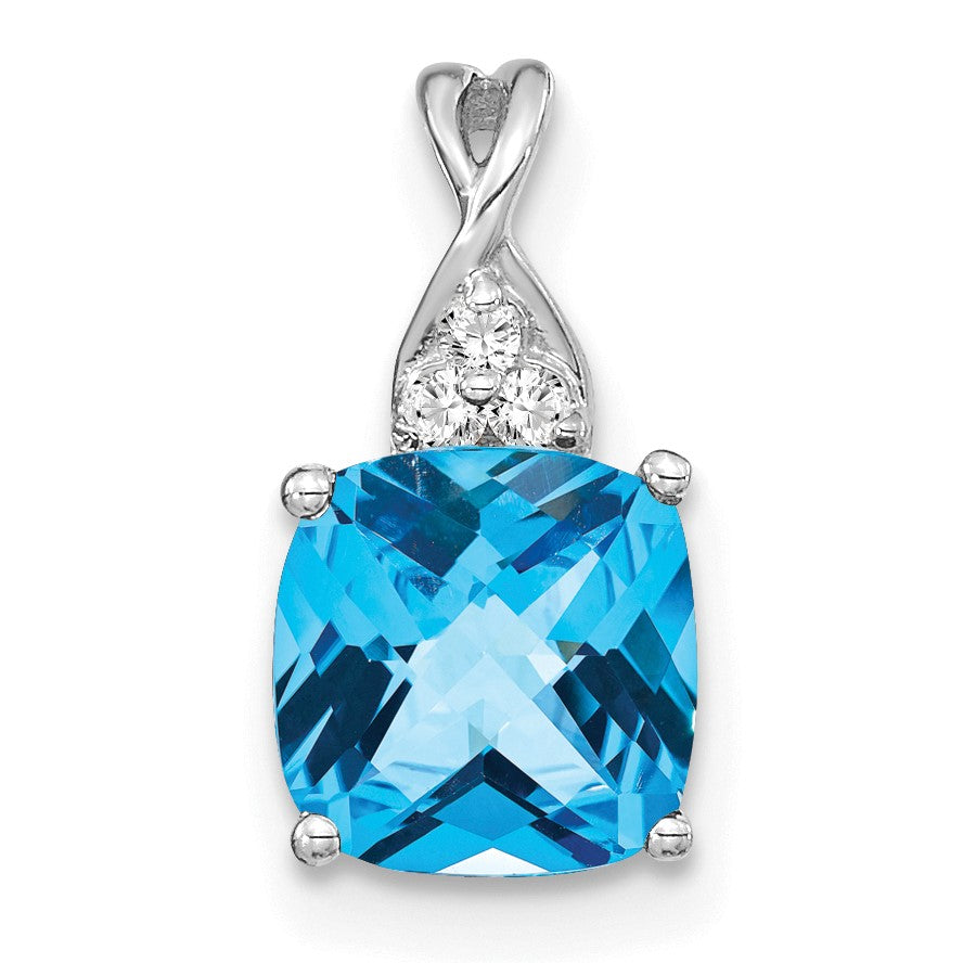14k White Gold 7mm Cushion Checkerboard December/Blue Topaz and Diamond Pendant