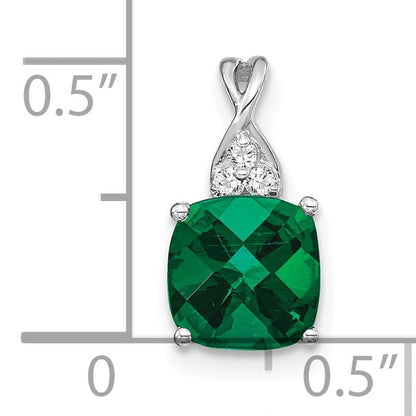 14k White Gold 7mm Cushion Checkerboard May/Lab Created Emerald and Diamond Pendant