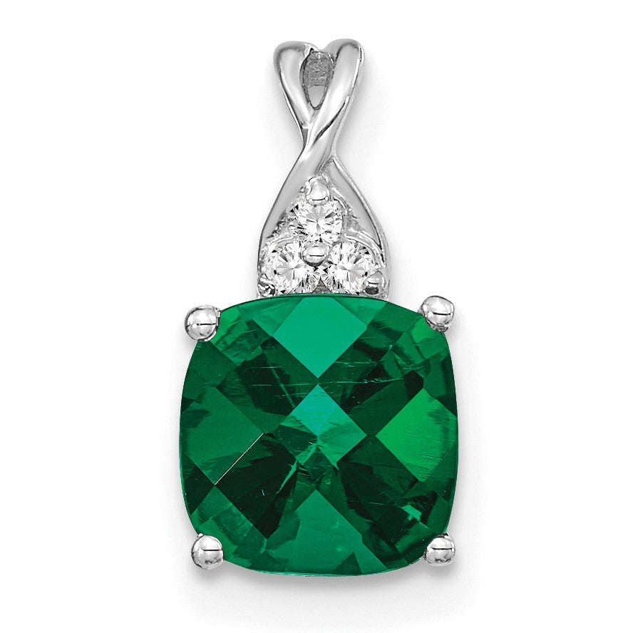 14k White Gold 7mm Cushion Checkerboard May/Lab Created Emerald and Diamond Pendant