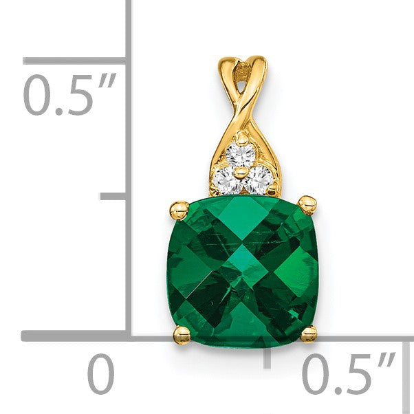 14k 7mm Cushion Checkerboard May/Lab Created Emerald and Diamond Pendant