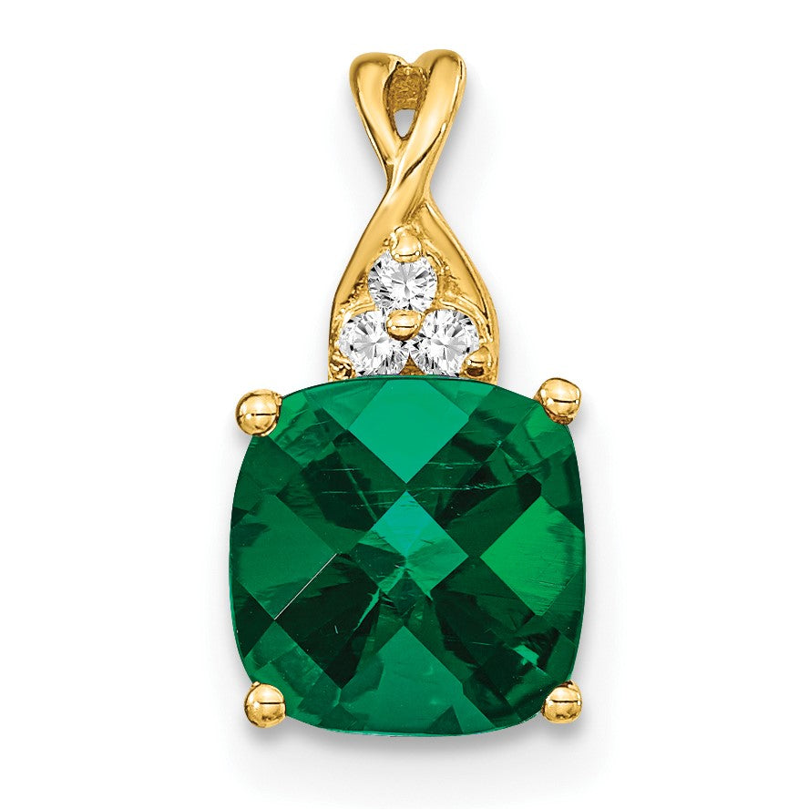 14k 7mm Cushion Checkerboard May/Lab Created Emerald and Diamond Pendant