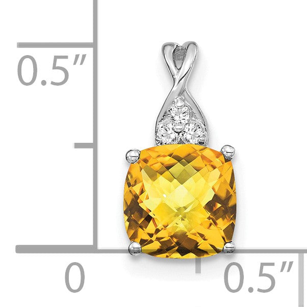 14k White Gold 7mm Cushion Checkerboard November/Citrine and Diamond Pendant