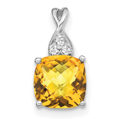 14k White Gold 7mm Cushion Checkerboard November/Citrine and Diamond Pendant