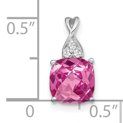14k White Gold 7mm Cushion Checkerboard October/Lab Created Pink Sapphire and Diamond Pendant
