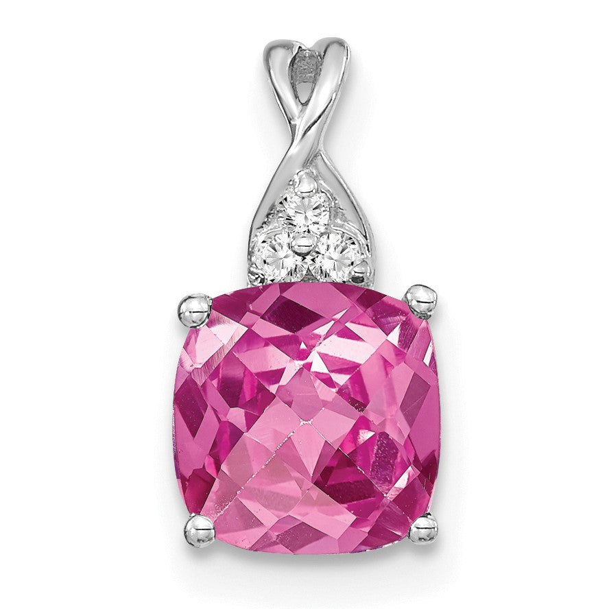 14k White Gold 7mm Cushion Checkerboard October/Lab Created Pink Sapphire and Diamond Pendant