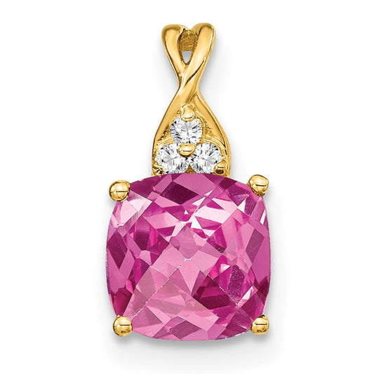 14k 7mm Cushion Checkerboard October/Lab Created Pink Sapphire and Diamond Pendant