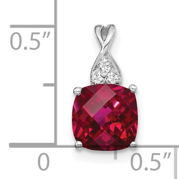 14k White Gold 7mm Cushion Checkerboard July/Lab Created Ruby and Diamond Pendant