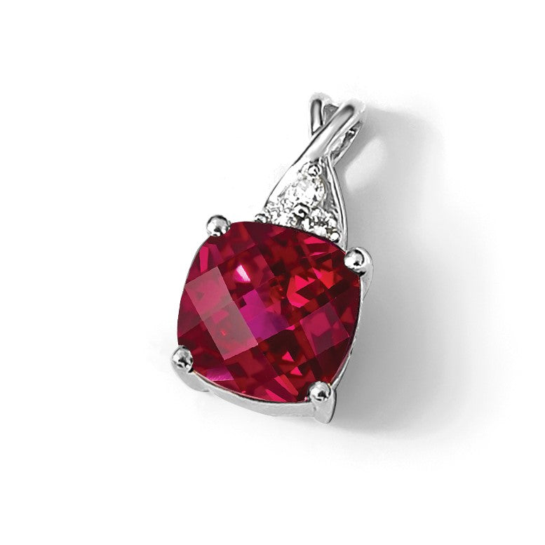 14k White Gold 7mm Cushion Checkerboard July/Lab Created Ruby and Diamond Pendant