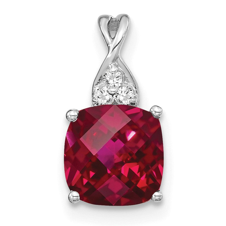 14k White Gold 7mm Cushion Checkerboard July/Lab Created Ruby and Diamond Pendant