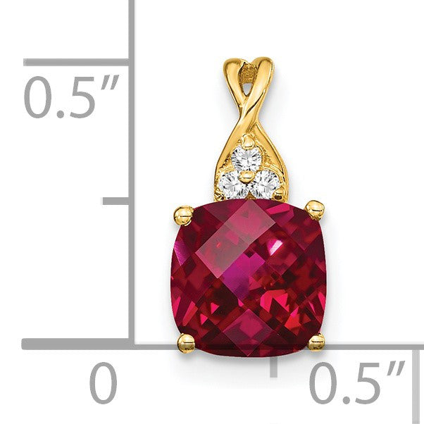 14k 7mm Cushion Checkerboard July/Lab Created Ruby and Diamond Pendant