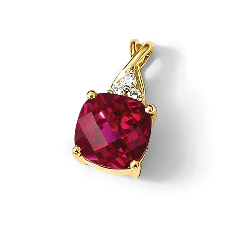 14k 7mm Cushion Checkerboard July/Lab Created Ruby and Diamond Pendant