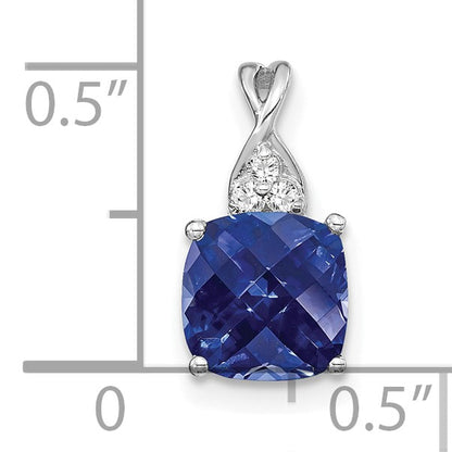 14k White Gold 7mm Cushion Checkerboard September/Lab Created Sapphire and Diamond Pendant