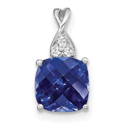 14k White Gold 7mm Cushion Checkerboard September/Lab Created Sapphire and Diamond Pendant