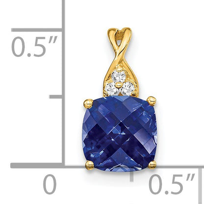 14k 7mm Cushion Checkerboard September/Lab Created Sapphire and Diamond Pendant
