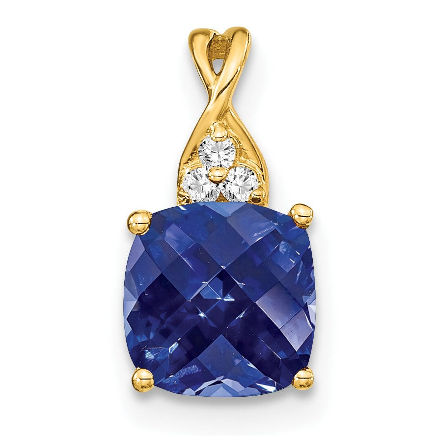 14k 7mm Cushion Checkerboard September/Lab Created Sapphire and Diamond Pendant