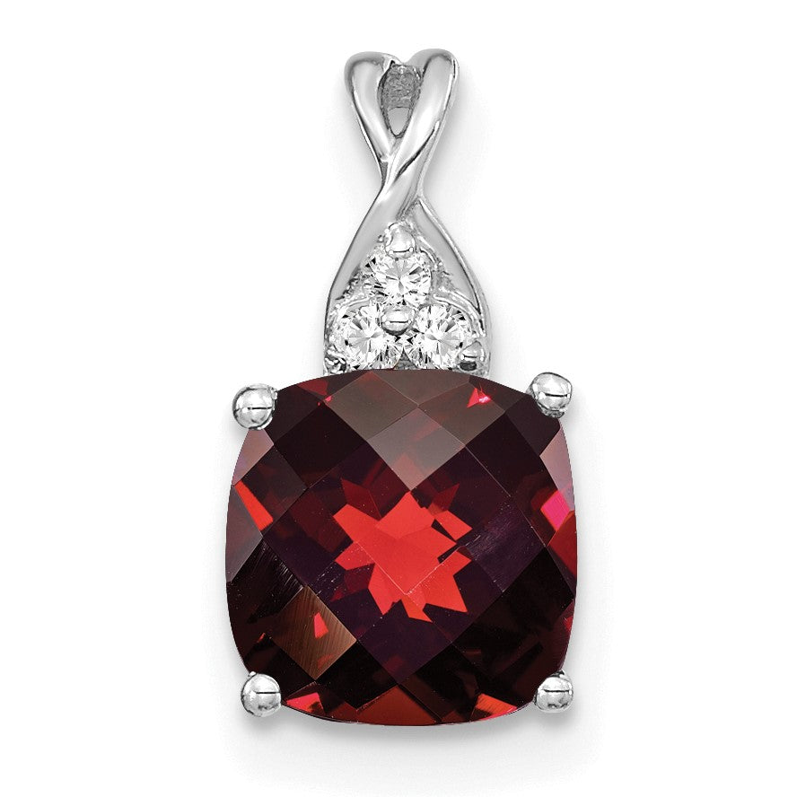 14k White Gold 7mm Cushion Checkerboard January/Garnet and Diamond Pendant