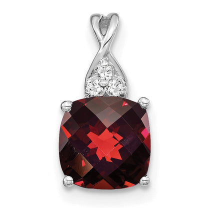 14k White Gold 7mm Cushion Checkerboard January/Garnet and Diamond Pendant