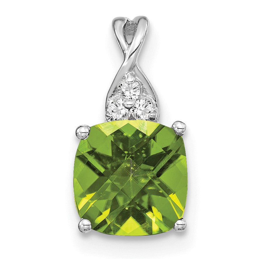 14k White Gold 7mm Cushion Checkerboard August/Peridot and Diamond Pendant
