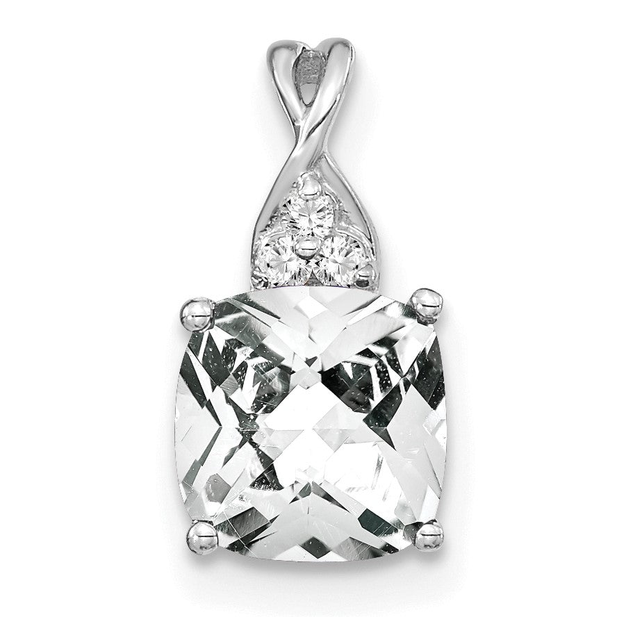 14k White Gold 7mm Cushion Checkerboard April/White Topaz and Diamond Pendant