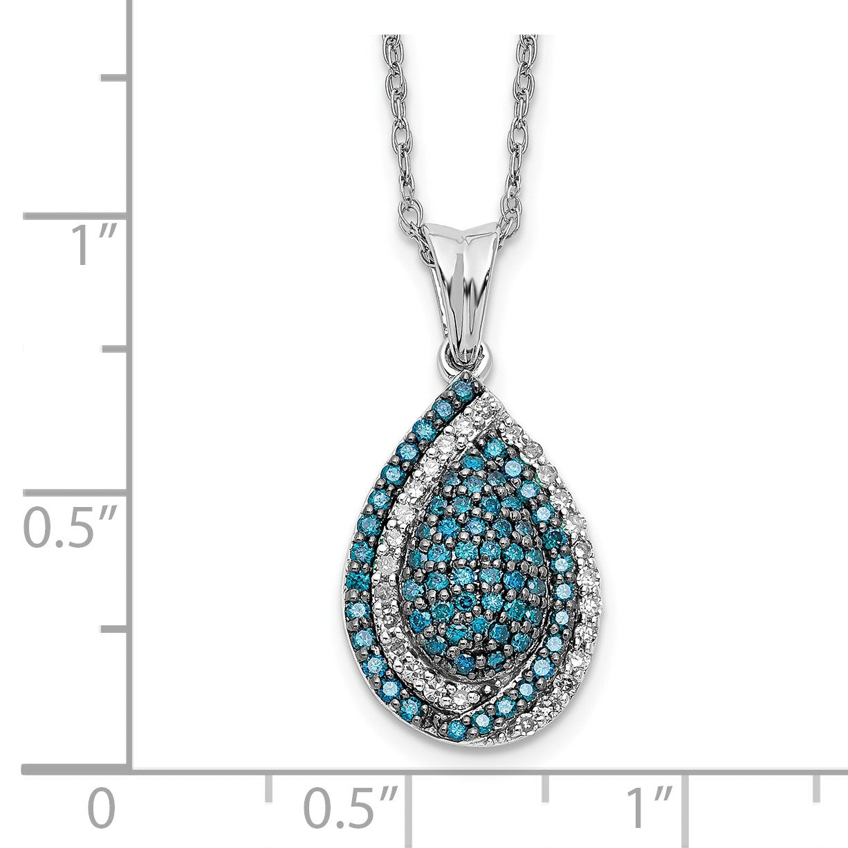 14k White Gold 1/2 carat Blue and White Diamond Teardrop Pendant 18 inch Necklace