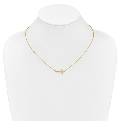14k Polished 1/10 carat Diamond Sideways Cross 18 inch Necklace