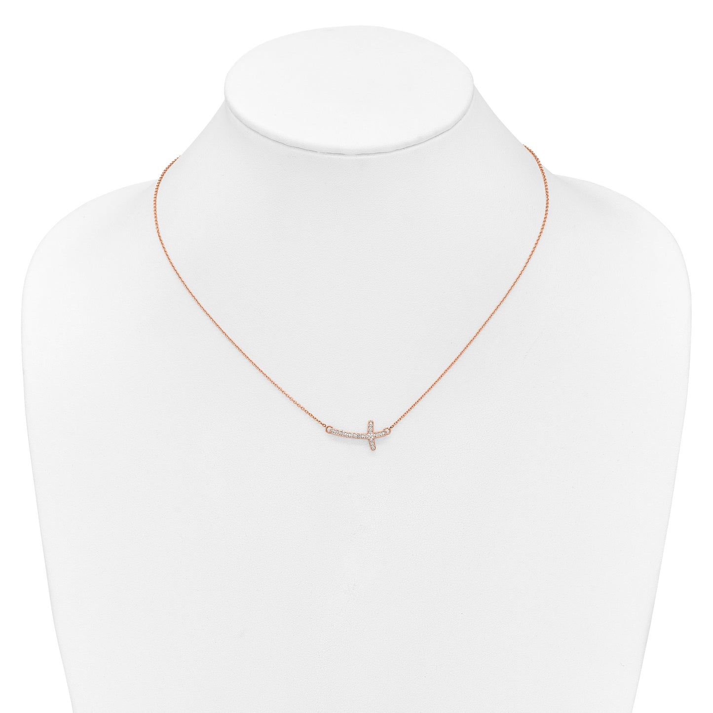 14k Rose Gold 1/10 carat Diamond Sideways Cross 18 inch Necklace