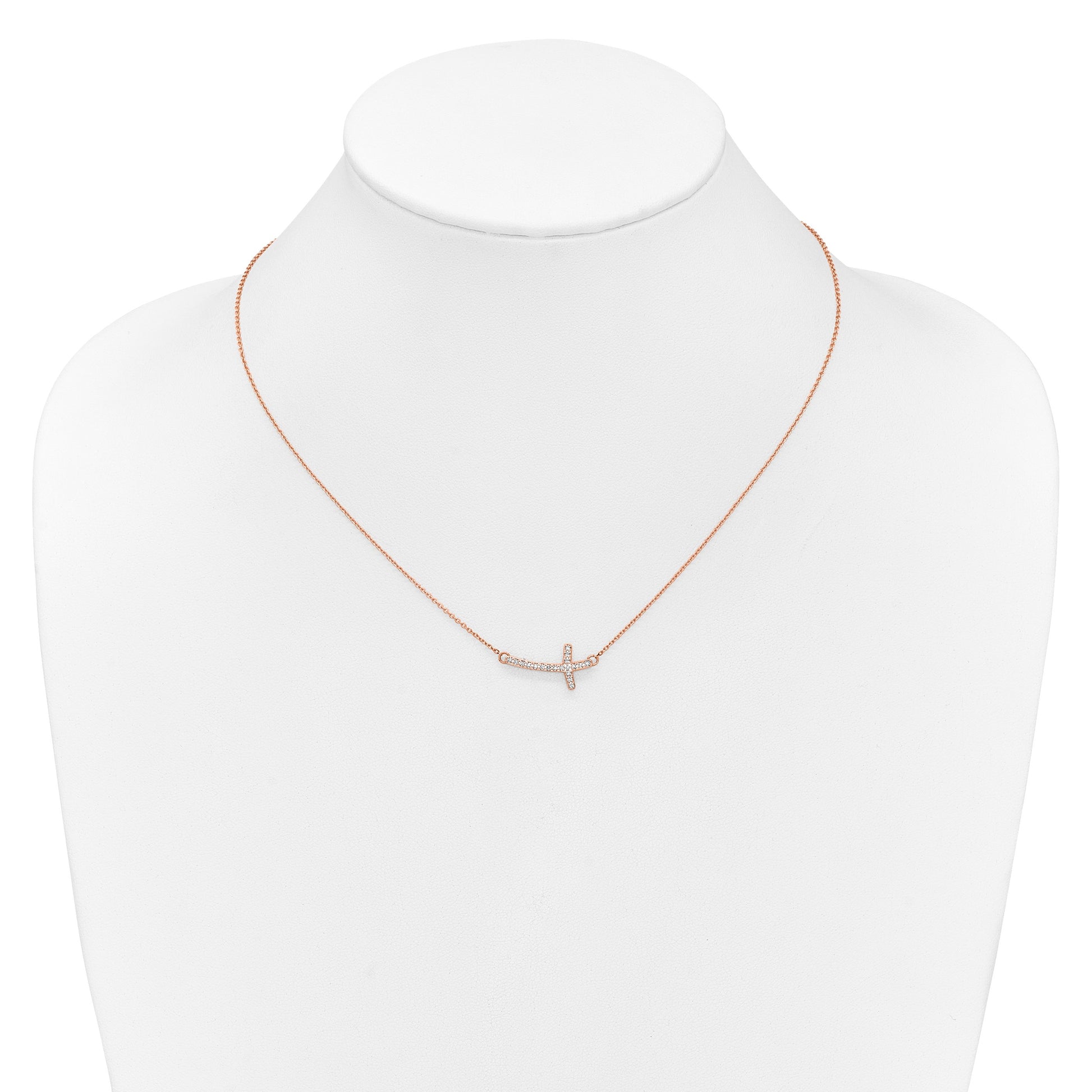 14k Rose Gold 1/10 carat Diamond Sideways Cross 18 inch Necklace