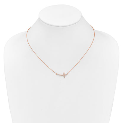 14k Rose Gold 1/10 carat Diamond Sideways Cross 18 inch Necklace