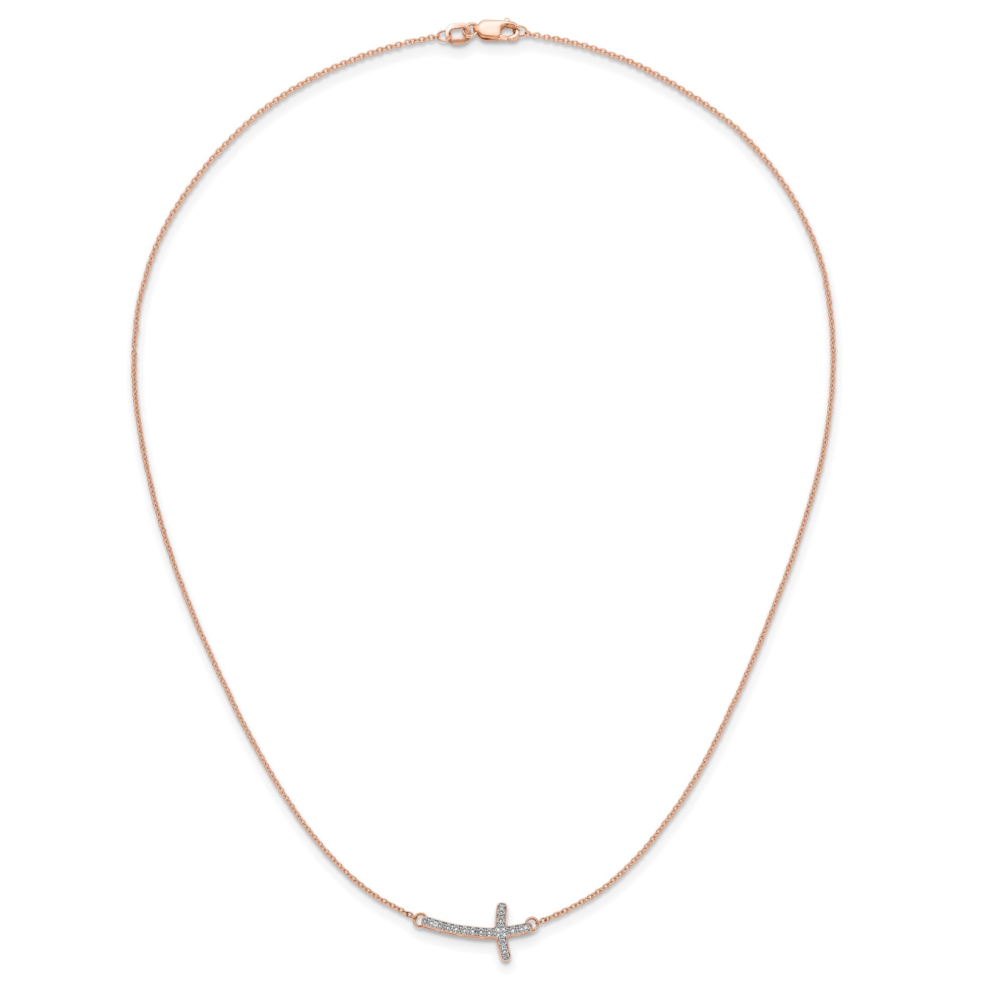 14k Rose Gold 1/10 carat Diamond Sideways Cross 18 inch Necklace