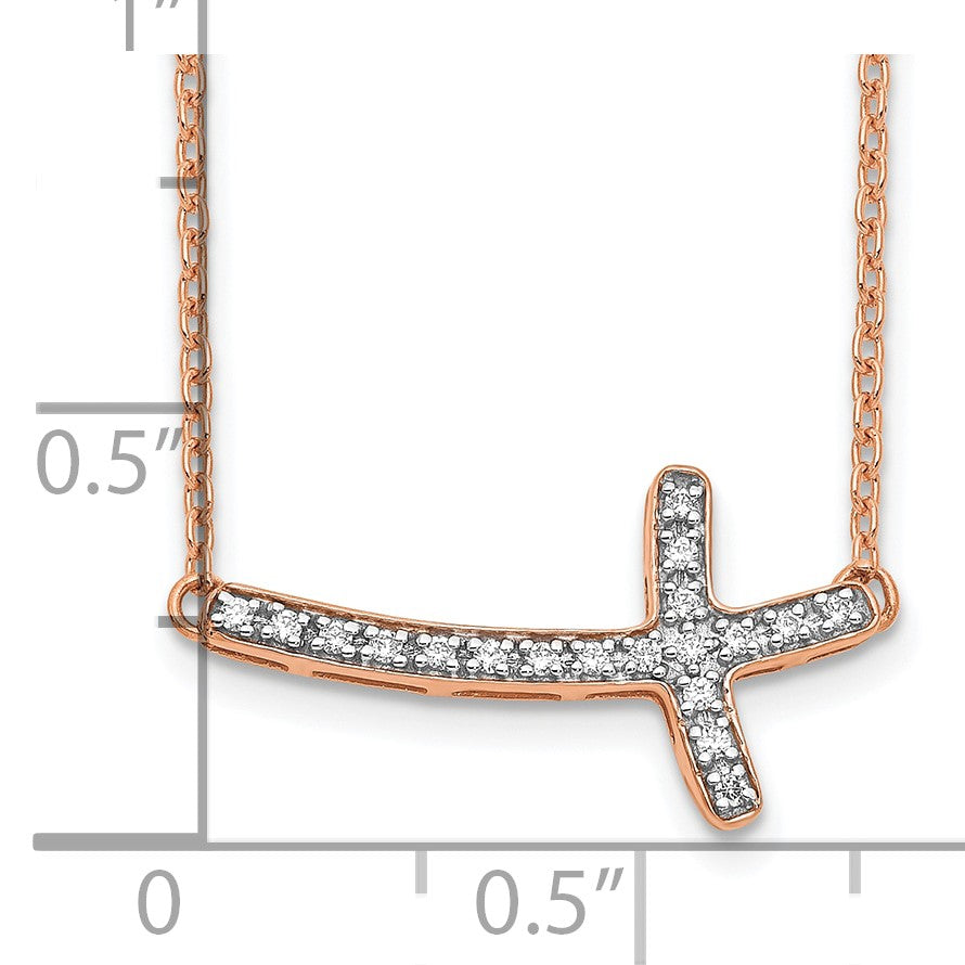 14k Rose Gold 1/10 carat Diamond Sideways Cross 18 inch Necklace