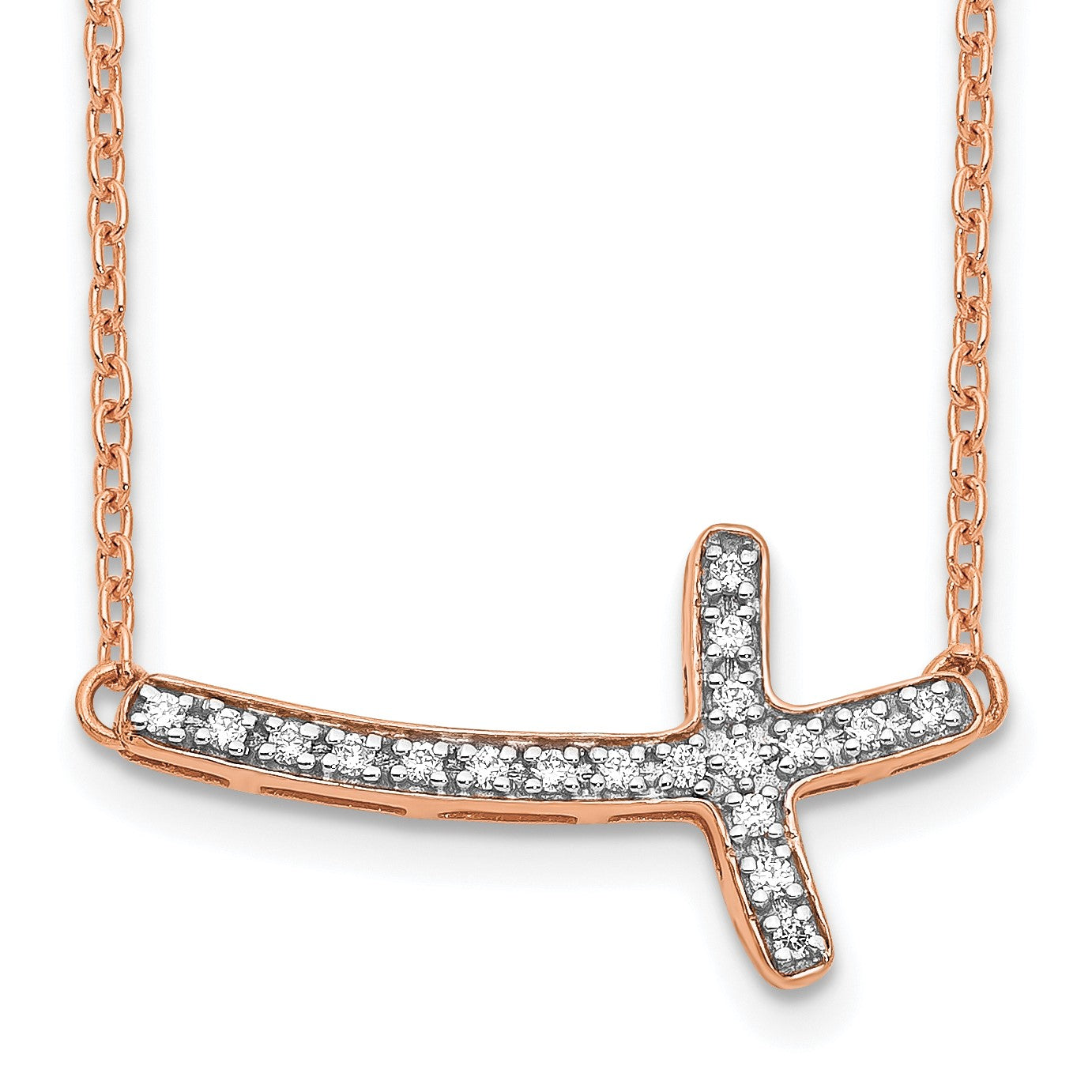 14k Rose Gold 1/10 carat Diamond Sideways Cross 18 inch Necklace