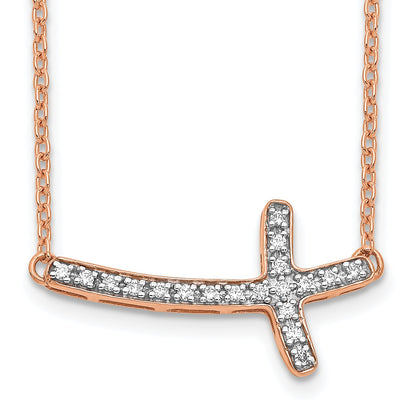 14k Rose Gold 1/10 carat Diamond Sideways Cross 18 inch Necklace