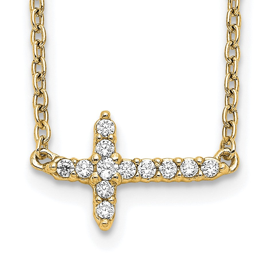 14k Polished 1/10 carat Diamond Sideways Cross 18 inch Necklace