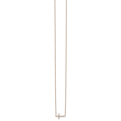 14k Rose Gold 1/6 carat Diamond Sideways Cross 18 inch Necklace