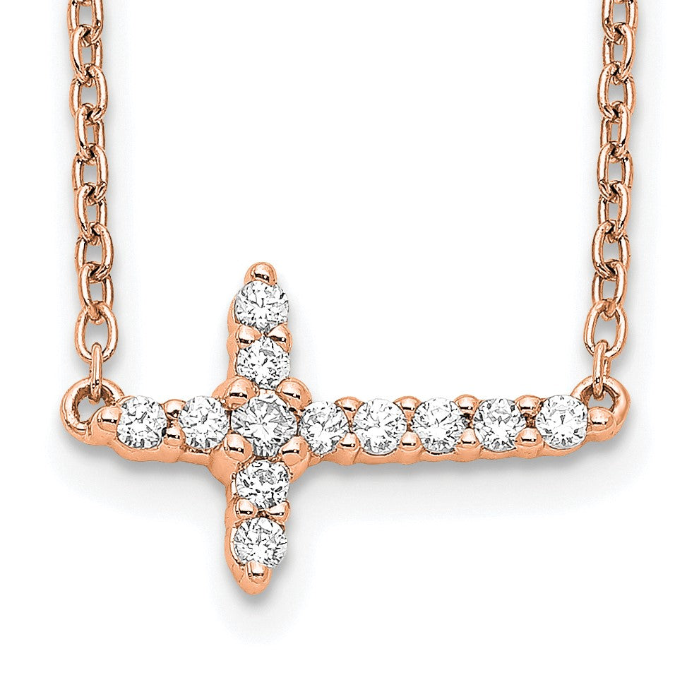 14k Rose Gold 1/6 carat Diamond Sideways Cross 18 inch Necklace