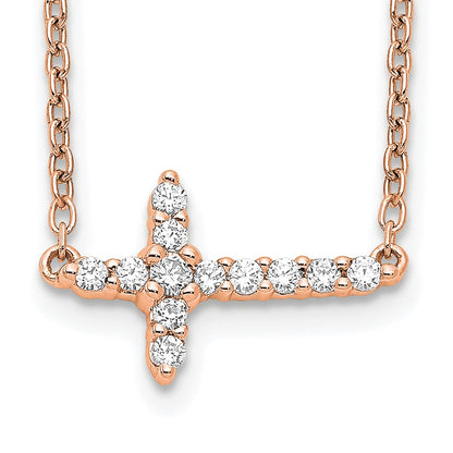 14k Rose Gold 1/6 carat Diamond Sideways Cross 18 inch Necklace
