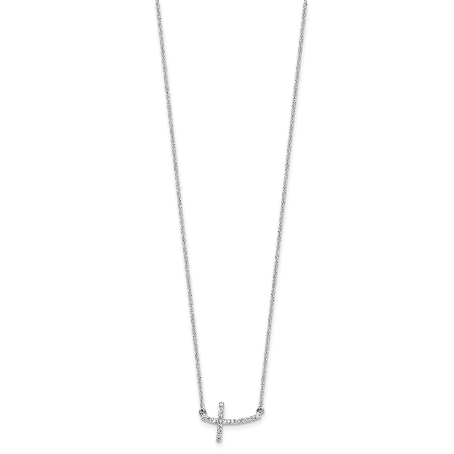 14k White Gold 1/10 carat Diamond Curved Sideways Cross 18 inch Necklace