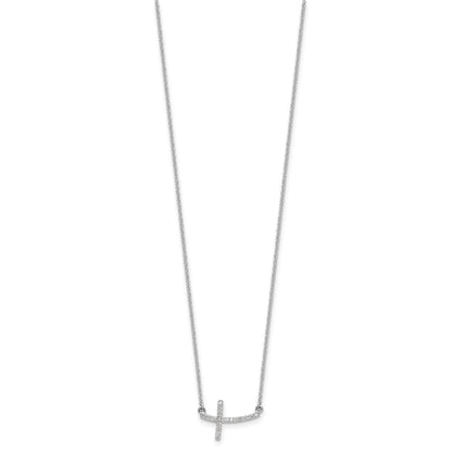 14k White Gold 1/10 carat Diamond Curved Sideways Cross 18 inch Necklace