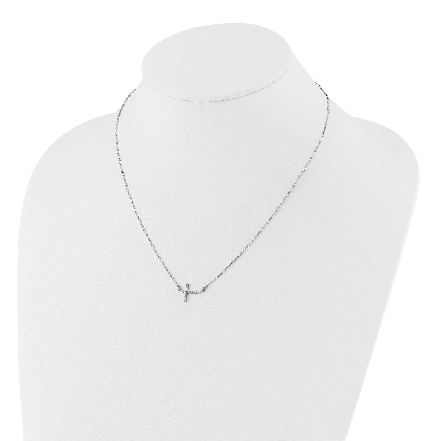 14k White Gold 1/10 carat Diamond Curved Sideways Cross 18 inch Necklace
