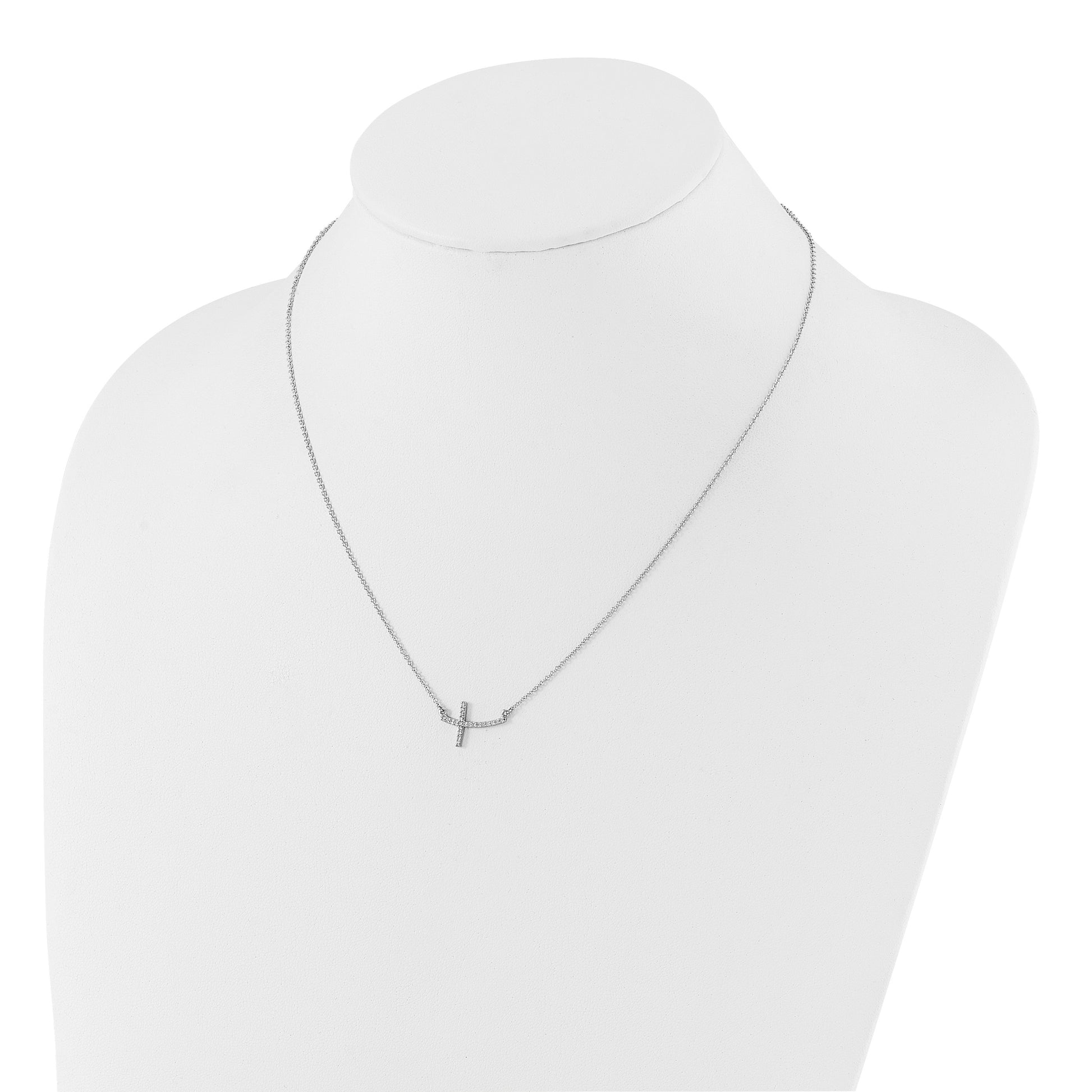 14k White Gold 1/10 carat Diamond Curved Sideways Cross 18 inch Necklace