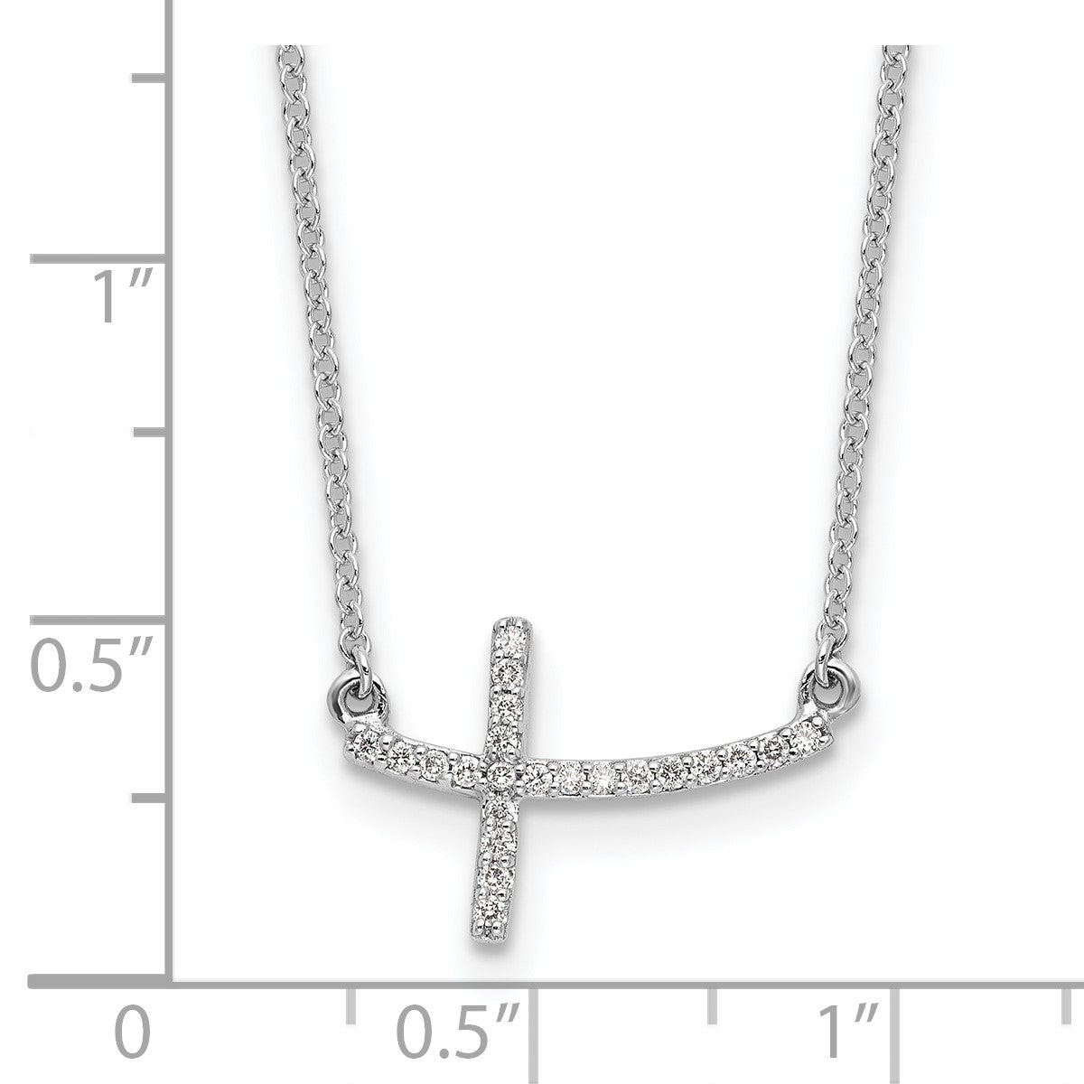 14k White Gold 1/10 carat Diamond Curved Sideways Cross 18 inch Necklace