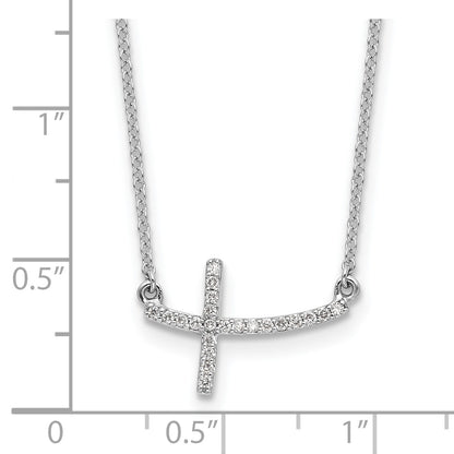 14k White Gold 1/10 carat Diamond Curved Sideways Cross 18 inch Necklace