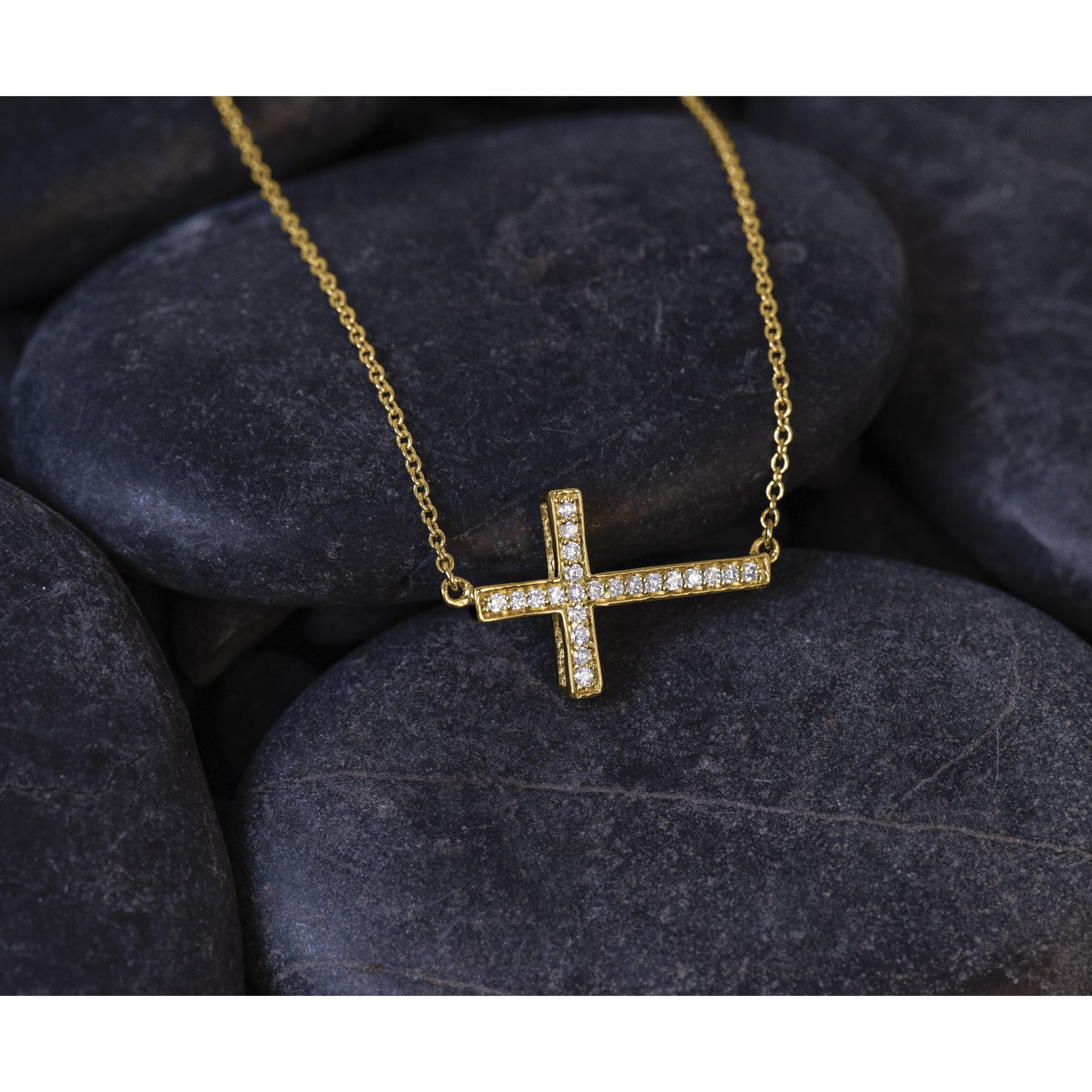 14k Polished 1/6 carat Diamond Sideways Cross 18 inch Necklace
