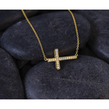 14k Polished 1/6 carat Diamond Sideways Cross 18 inch Necklace